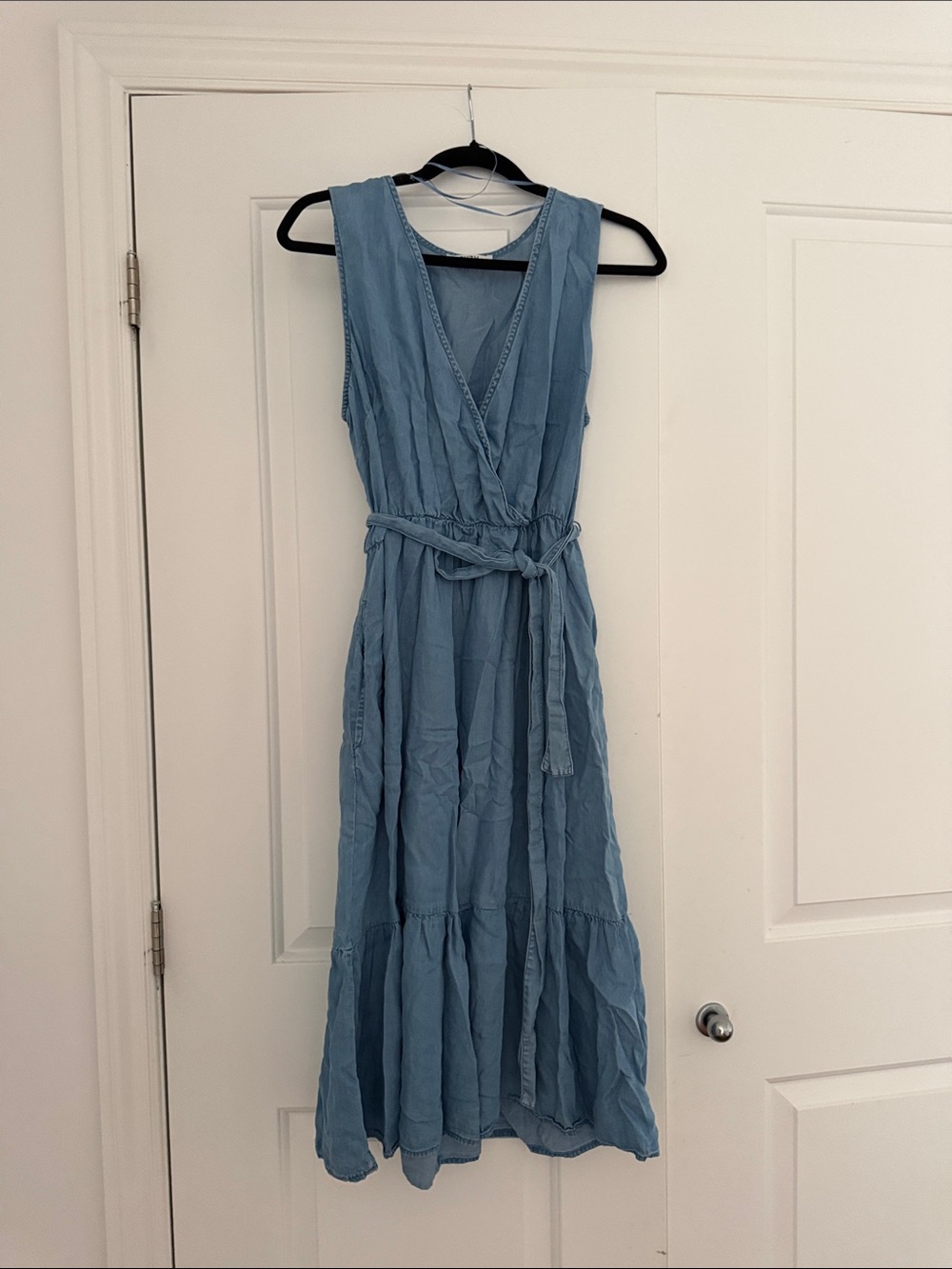 Suzy Shier Dusty Blue Sleeveless Maxi Wrap Dress with Waist Tie